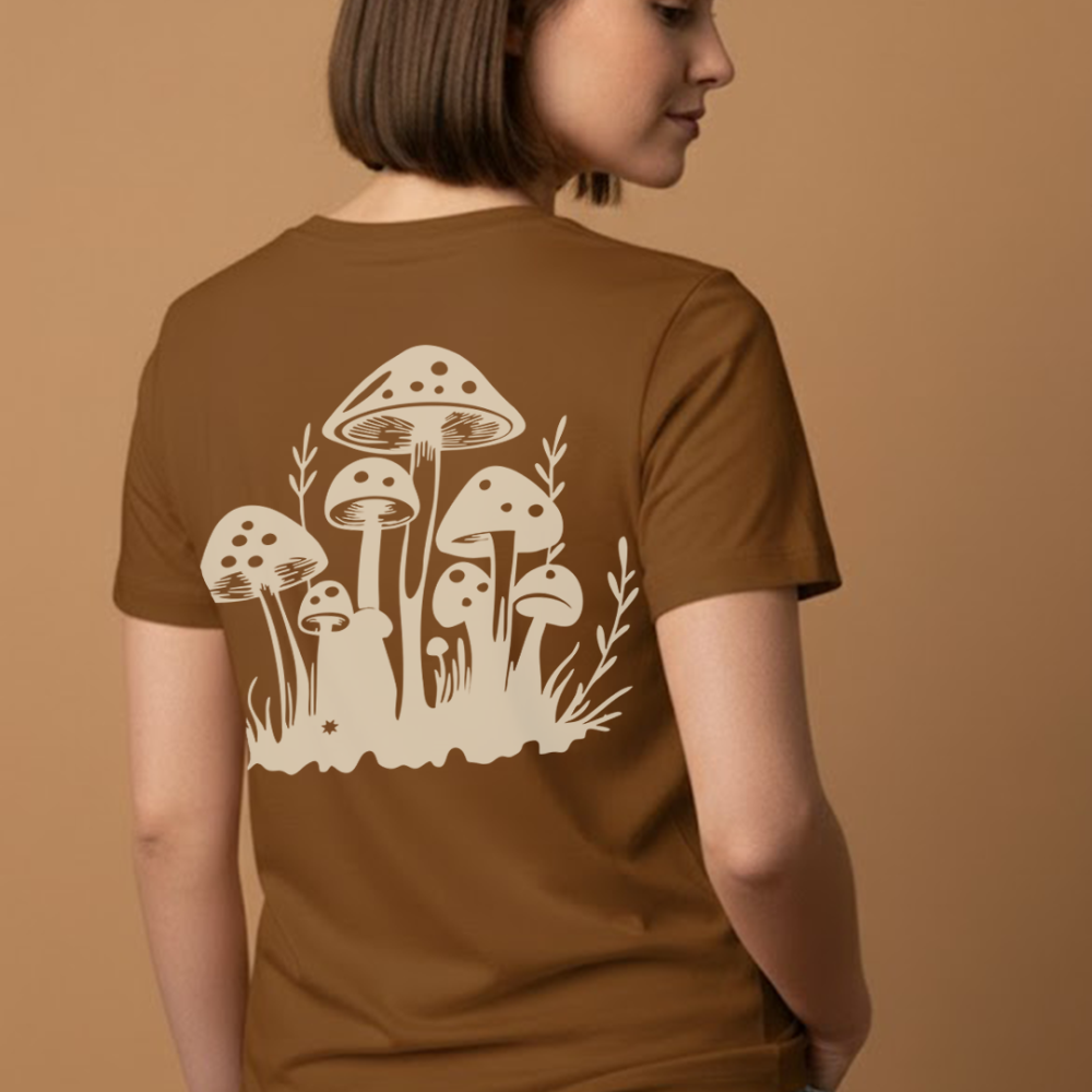 T-Shirts All-Over Front Logo Back Mushrooms (Beige Print)